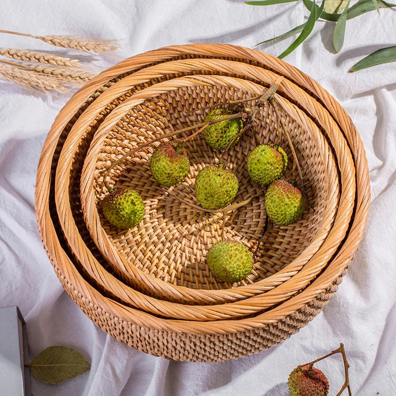 HEMU - سلة دائرية من الراتان المنسوج، سلة فواكه من الخيزران، للخبز والطعام، منظم ديكور منزلي للمطبخ detail view