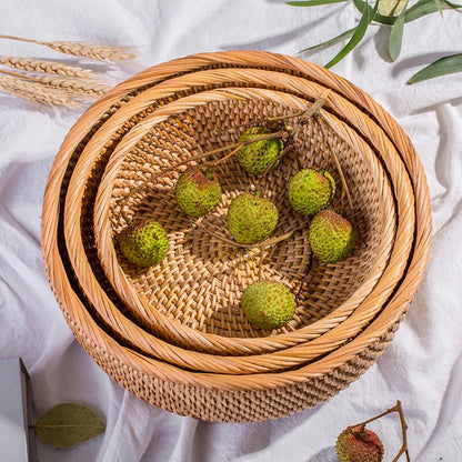 HEMU - سلة دائرية من الراتان المنسوج، سلة فواكه من الخيزران، للخبز والطعام، منظم ديكور منزلي للمطبخ